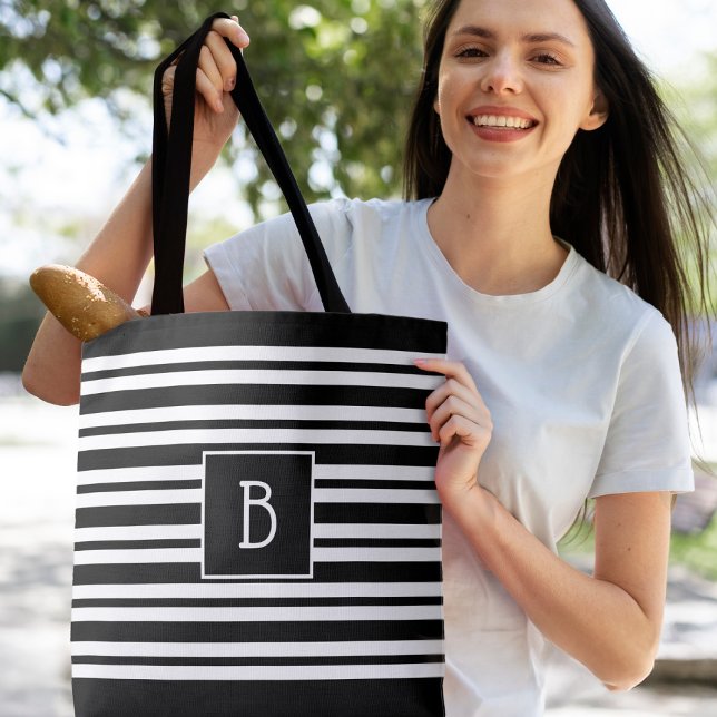 Modern Black White Stripes Initial Monogram Tote Bag (Trendy Modern Monogram Initial Black White Stripe Stylish Tote Bag)