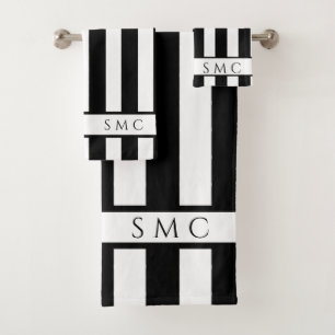 Modern Black White stripes Monogram bathroom Bath Towel Set