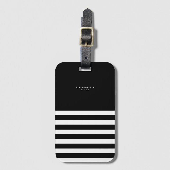 Modern Black White Stripes Monogram Summer Luggage Tag (Front Vertical)