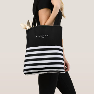 Modern Black White Stripes Monogram Summer Tote Bag