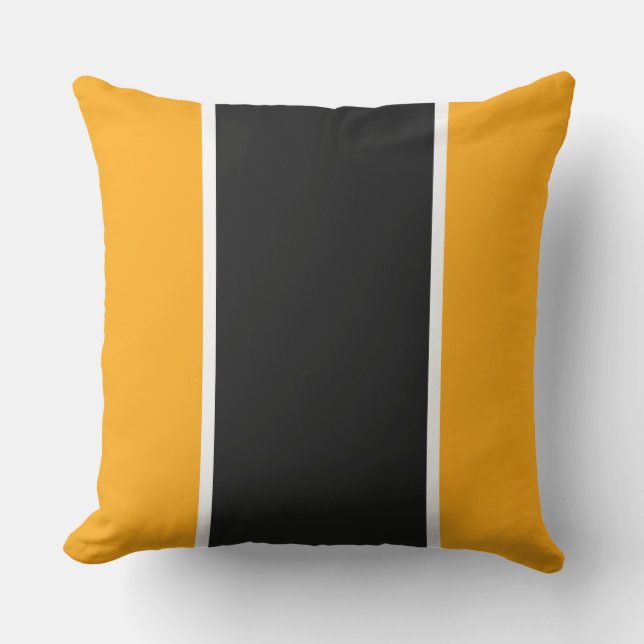 Modern Black White Stripes On Bright Yellow Orange Cushion (Front)