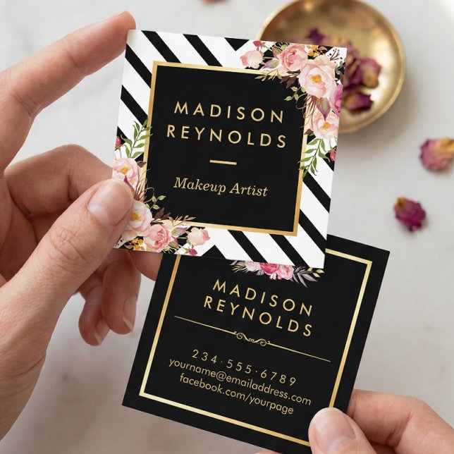 Modern Black White Stripes Pink Floral Gold Frame Square Business Card (Creator Uploaded)