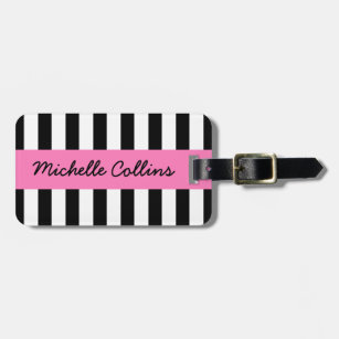 Modern black white stripes pink personalised name luggage tag