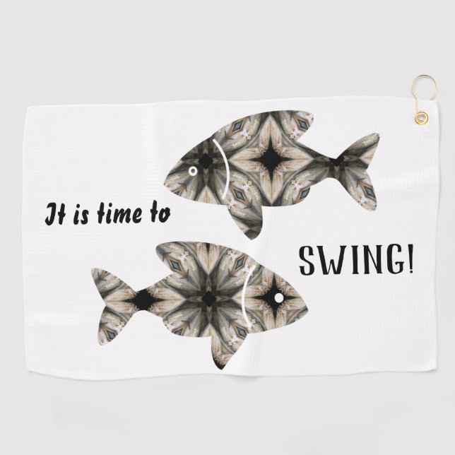Modern Black White Stylish Fish Personalise Golf Towel (Horizontal)