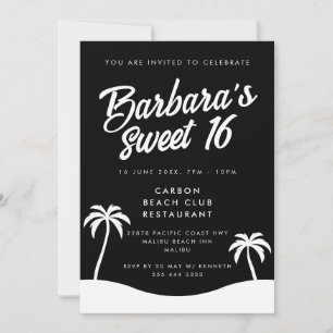 Modern Black White Summer Beach Party Sweet 16 Invitation