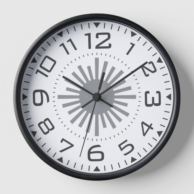 Modern Black & White Sunburst Geometric Numerals Clock (Front)
