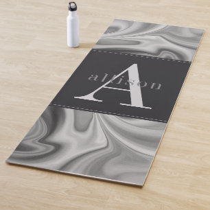 Modern Black & White Swirl Abstract Monogram Yoga Mat