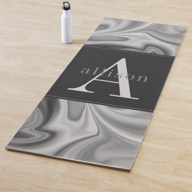 Modern Black & White Swirl Abstract Monogram Yoga Mat (In Situ)