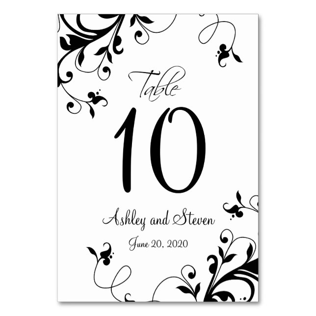 Modern Black White Swirls Wedding Table Number (Front)