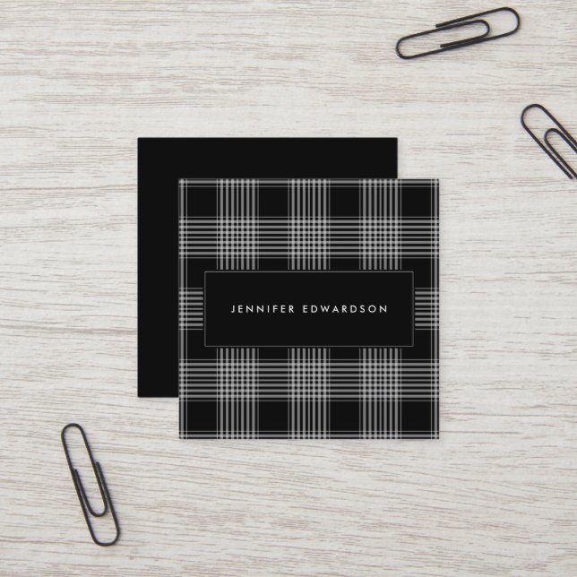 Modern black white tartan pattern professional square business card (Front/Back In Situ)