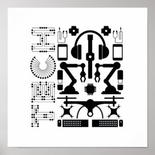 Modern Black & White Technology Objects Pattern Poster
