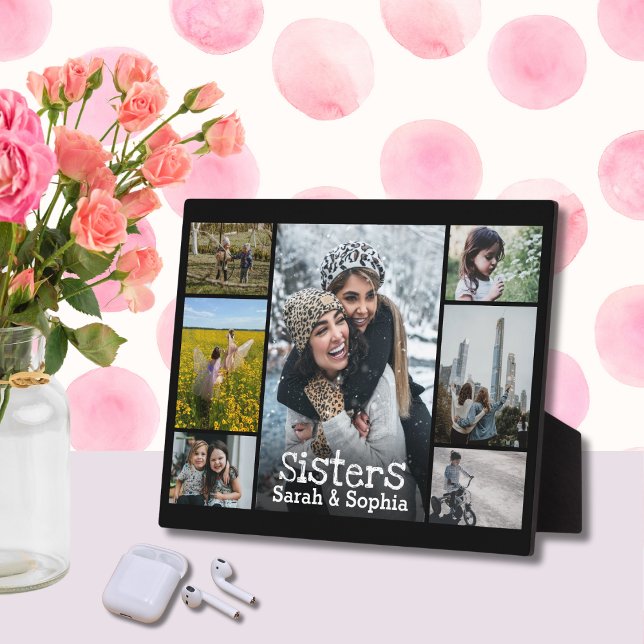 Modern Black White Text Sisters Photo Collage Plaque (Creator Uploaded)