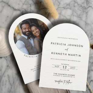 Modern Black & White Textured Arch Wedding Photo Invitation