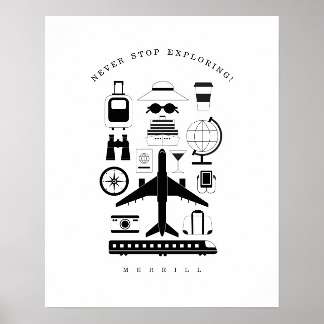 Modern Black & White Travel Objects Motif Poster (Front)
