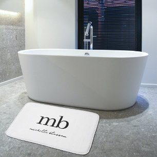 Modern Black White Trendy Script Initial Monogram Bath Mat