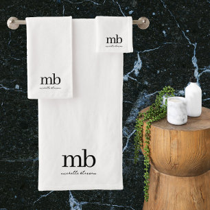 Modern Black White Trendy Script Initial Monogram Bath Towel Set
