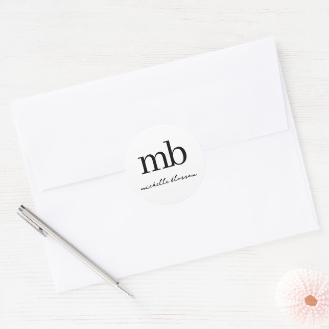 Modern Black White Trendy Script Initial Monogram Classic Round Sticker (Envelope)