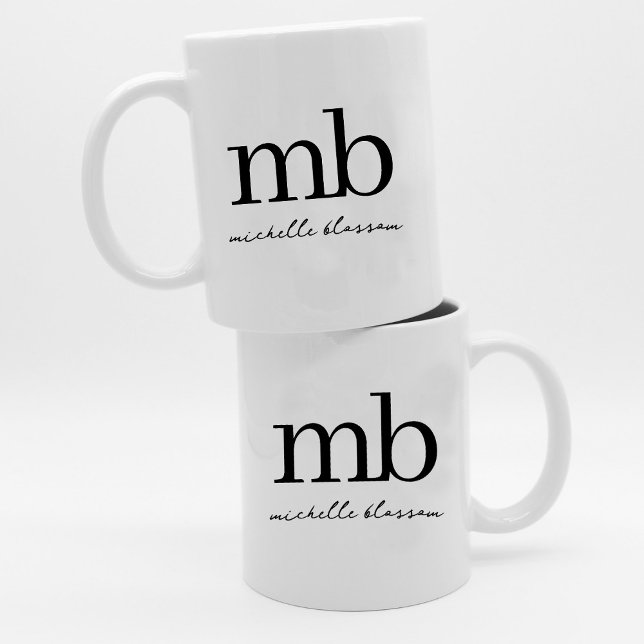 Modern Black White Trendy Script Initial Monogram Coffee Mug (Modern Black White Trendy Script Initial Monogram Coffee Mug)