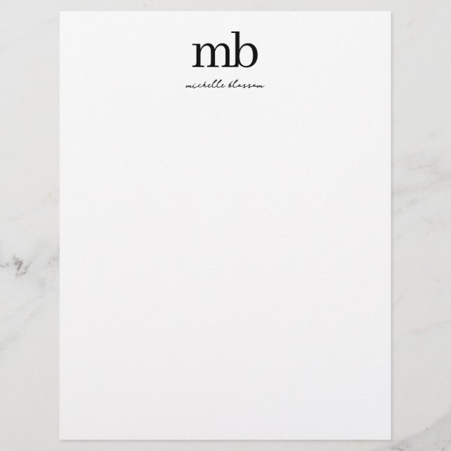 Modern Black White Trendy Script Initial Monogram Custom Letterhead (Front)