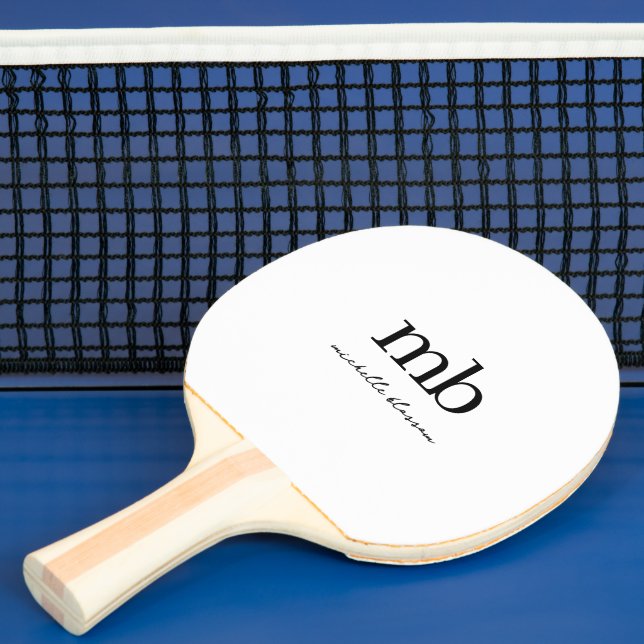 Modern Black White Trendy Script Initial Monogram Ping Pong Paddle (Insitu)