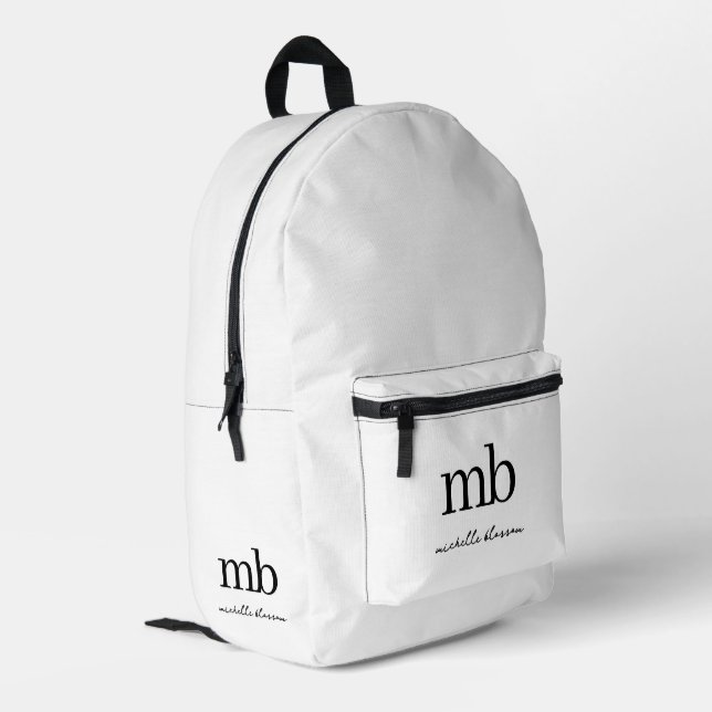 Modern Black White Trendy Script Initial Monogram Printed Backpack (Back Corner Left)