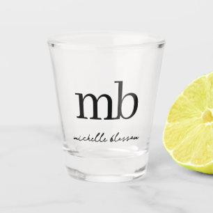 Modern Black White Trendy Script Initial Monogram Shot Glass