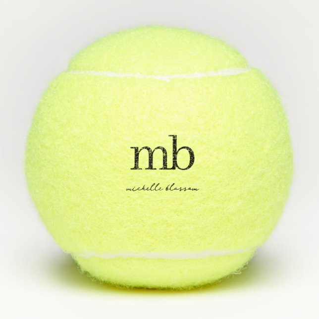 Modern Black White Trendy Script Initial Monogram Tennis Balls (Front)