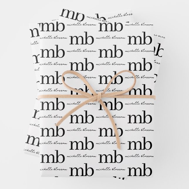 Modern Black White Trendy Script Initial Monogram Wrapping Paper Sheet (In situ)