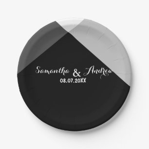 Modern black white triangles colour block wedding paper plate