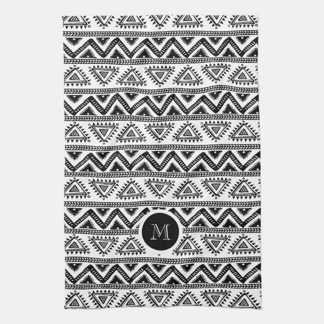 Modern Black & White Tribal Geometric Pattern Tea Towel (Vertical)