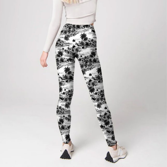 Modern Black & White Tropical Haiwaii Island Leggings (Modern tropical black and white haiwaiian trendy printed leggings.)