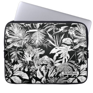 Modern Black & White Tropical Leaves Personalised Laptop Sleeve