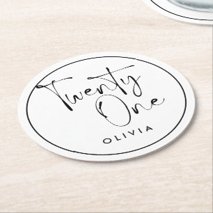 Modern black white typography 21 photo birthday round paper coaster