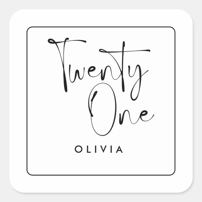 Modern black white typography 21 photo birthday square sticker (Front)