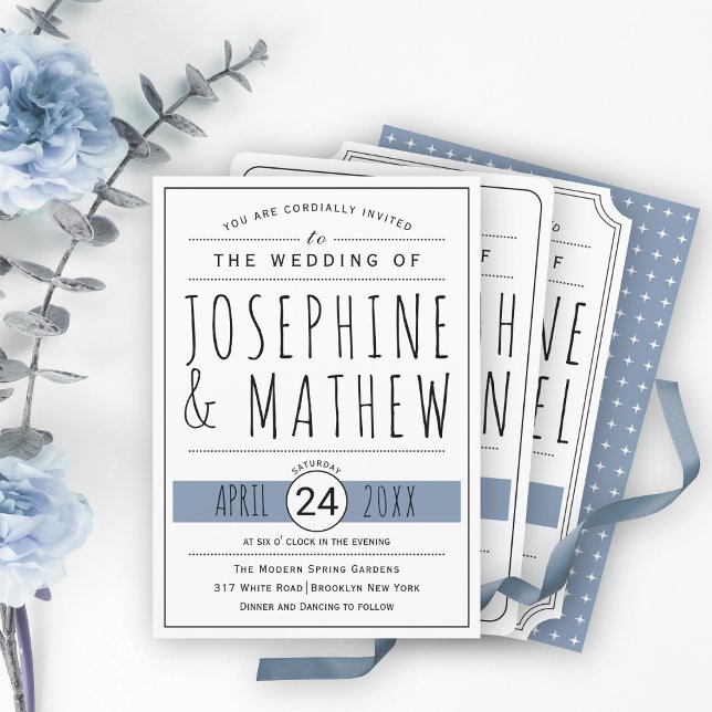 Modern black, white typography dusty blue wedding invitation (Creator Uploaded)