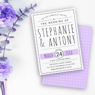 Modern black, white typography lavender wedding invitation