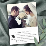 MODERN BLACK WHITE TYPOGRAPHY PHOTO SAVE THE DATE ANNOUNCEMENT POSTCARD<br><div class="desc">A perfect wedding collection for those looking for a tastefully done; modern, Scandinavian bold minimal theme. Personalise it with your name, your wedding date, and be sure to include a special message. Lots of designs to choose from and lots of items to coordinate with. Available in 4 background colours- black,...</div>
