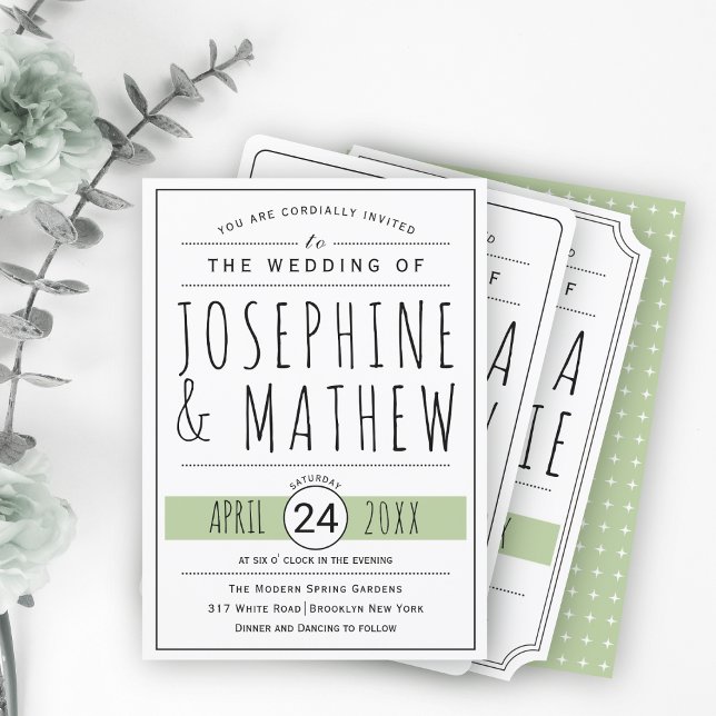 Modern black, white typography sage green wedding invitation (Creator Uploaded)