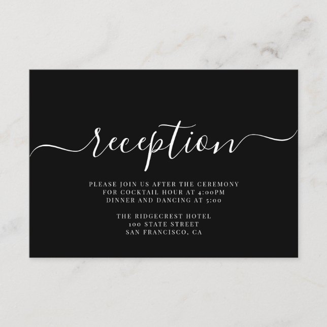 Modern Black White Typography Wedding Reception Enclosure Card (Front)