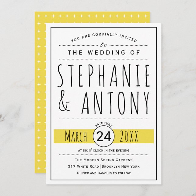 Modern black, white typography yellow wedding invitation (Front/Back)