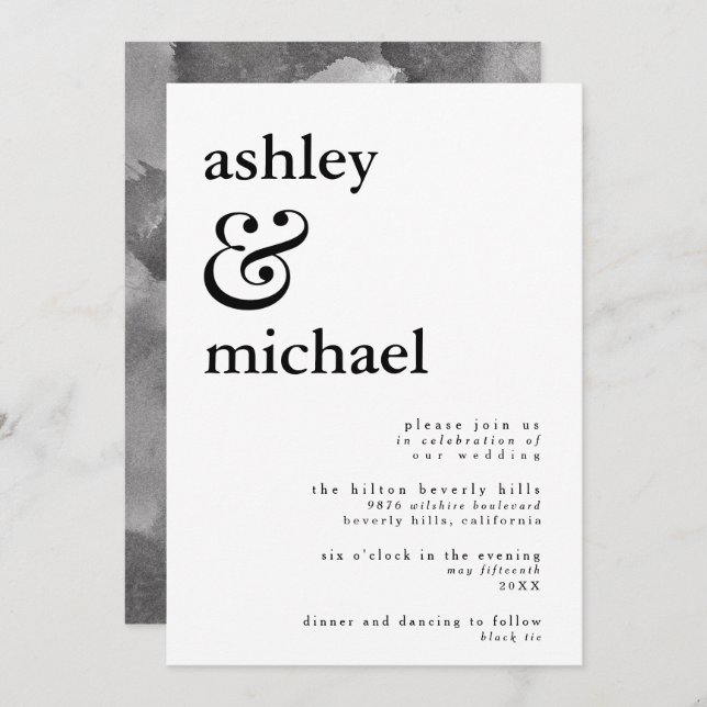 MODERN BLACK & WHITE Watercolor Ampersand Wedding Invitation (Front/Back)