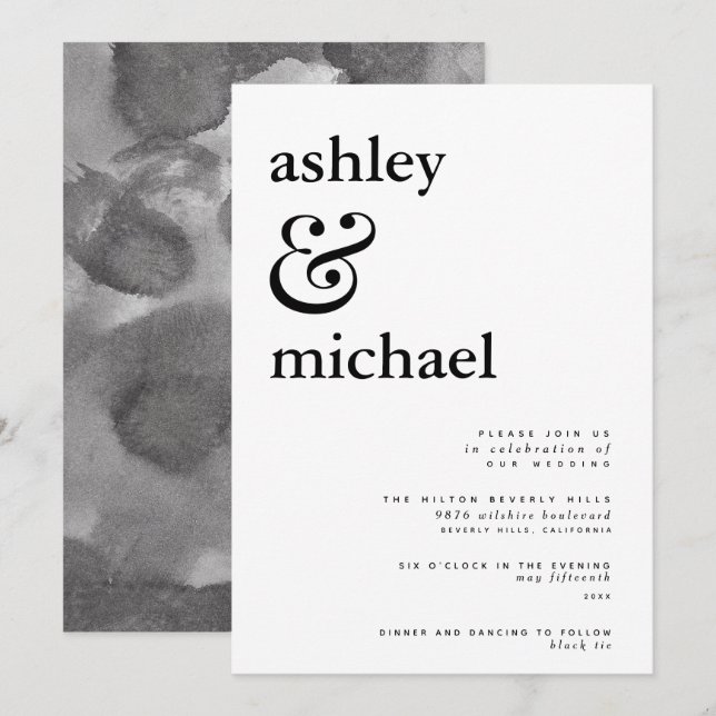 Modern Black & White Watercolor Ampersand Wedding Invitation (Front/Back)