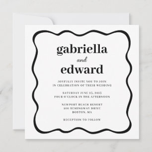 Modern Black White Wavy Border Wedding Invitation