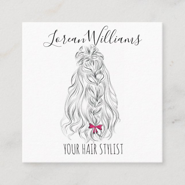 Modern Black White Wavy Hair Pink Bow Hairstyling  Appointment Card (Front)