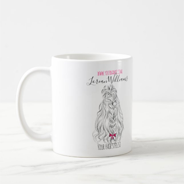 Modern Black White Wavy Hair Pink Bow Hairstyling  Coffee Mug (Left)