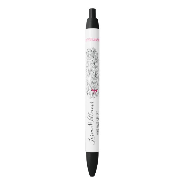 Modern Black White Wavy Hair Pink Bow Hairstyling  Ink Pen (Front Vertical)