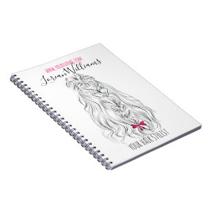 Modern Black White Wavy Hair Pink Bow Hairstyling  Notebook