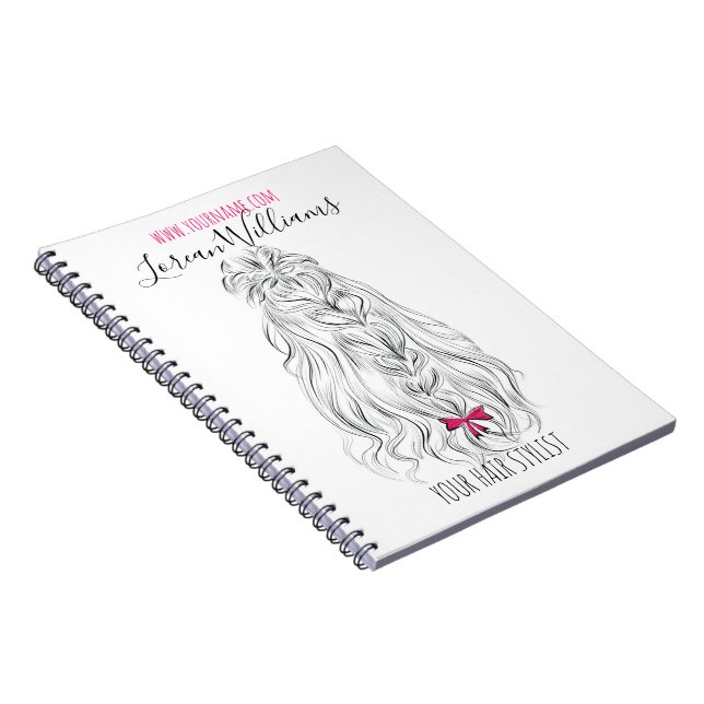 Modern Black White Wavy Hair Pink Bow Hairstyling  Notebook (Right Side)