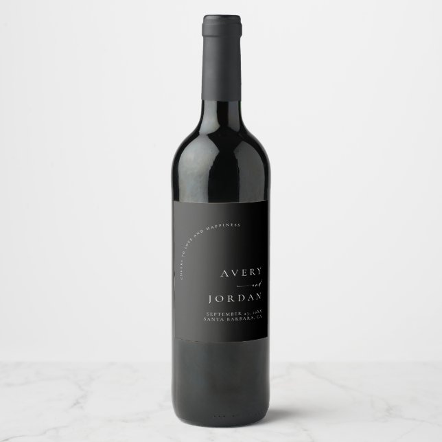 Modern Black + White Wedding Wine Label (Front)