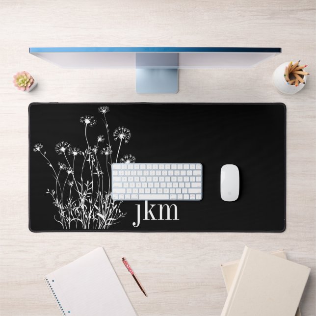 Modern Black & White Wildflowers Monogram Desk Mat (Office 1)